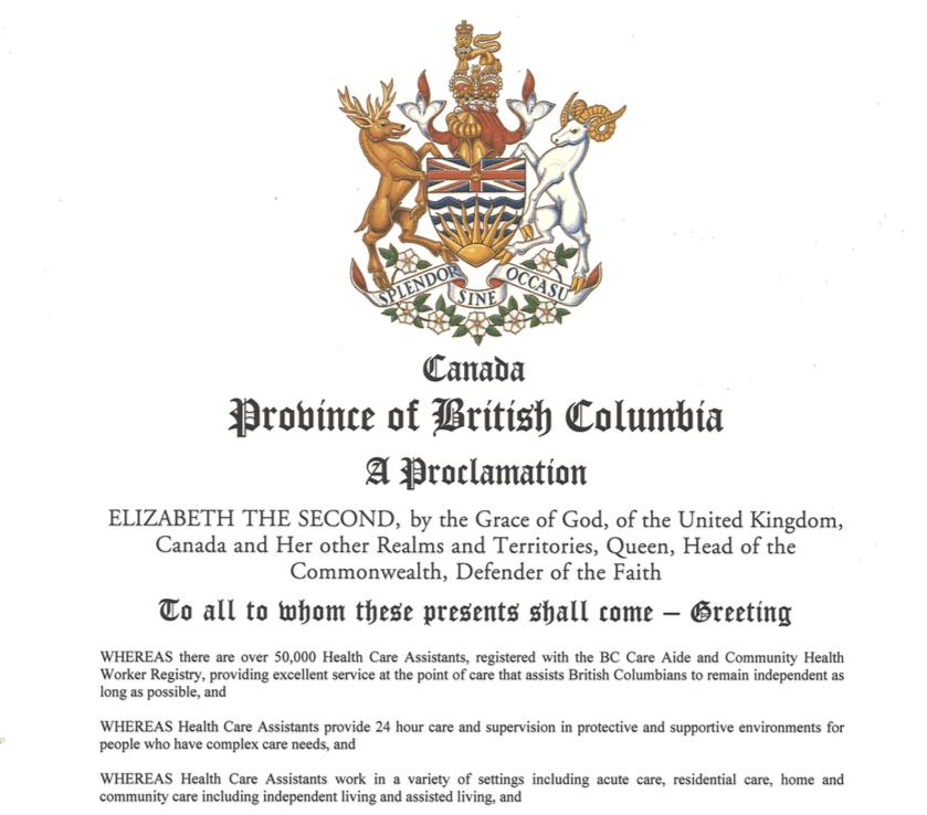 BC Government Proclaims Health Care Assistant Day