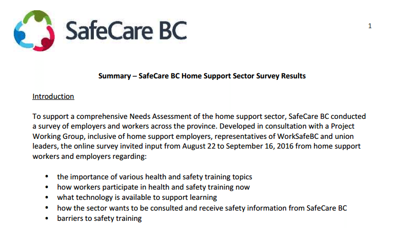 SafeCare BC Releases Home Support Sector Survey Results