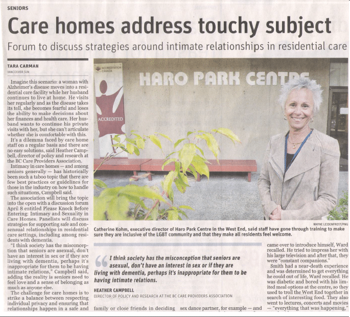 Vancouver Sun Publishes Story on Intimacy in Care Homes